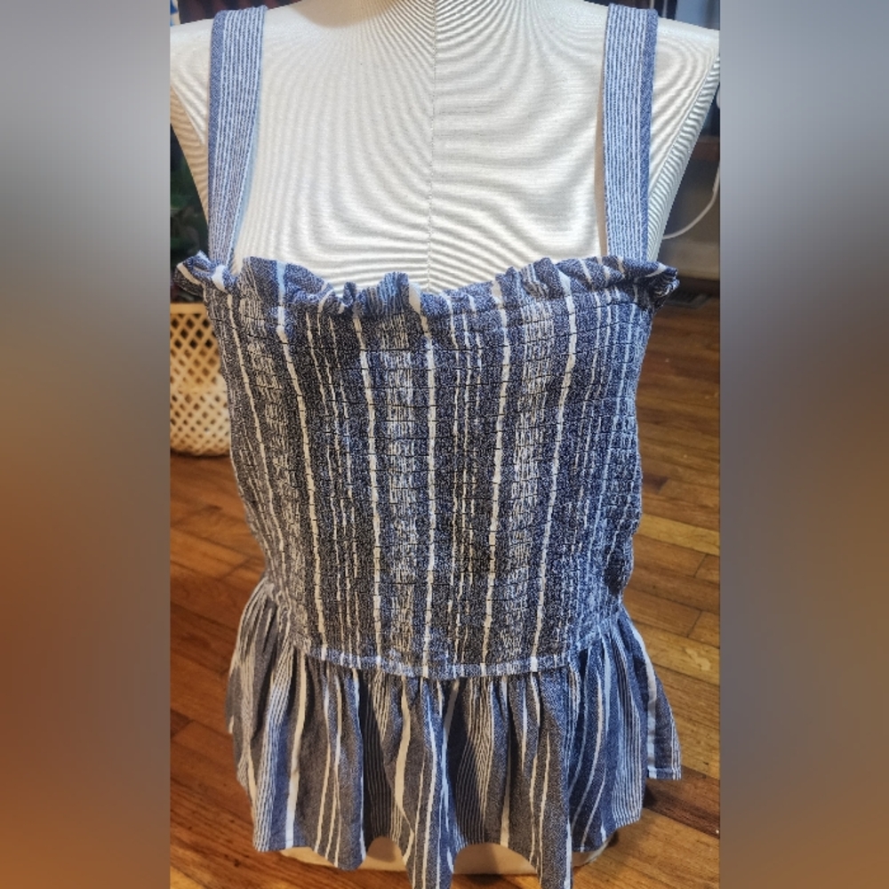 Loft Blue/White Elastic Peplum Tank Top Size M